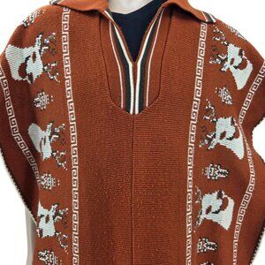 Vintage Brown Knit Collared Poncho With White Deer & Geometric Patterns One Size